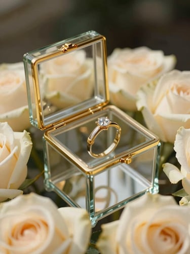 Elegant close-up of a glass ring box with gold hinges, resting on a bed of soft cream roses, warm morning light reflecting on the glass.