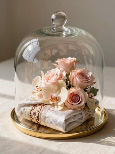 A high-end luxury Indonesian wedding hantaran tray, featuring a gold-rimmed acrylic dome containing premium fabrics, decorated with soft blush pink roses and champagne orchids, morning studio light casting soft shadows on a cream linen surface.