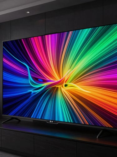 Close-up of a high-end 75-inch LG OLED screen displaying rich, high-contrast neon colors in a dimly lit, luxurious Bogotá apartment living room, dramatic low-key lighting, cool tech-toned backlights.