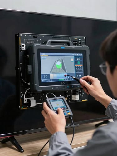 Close-up of a professional technician in clean uniform using specialized digital diagnostic tools on the back panel of a massive wall-mounted LG TV, dramatic lighting