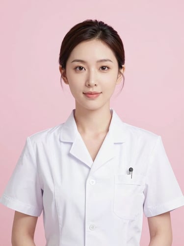 Professional portrait of a female health practitioner in a bright white minimalist studio, soft pink background, warm serene expression, high-key lighting, clean clinical aesthetic