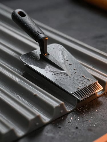 Industrial product photography of a notched trowel combing thick grey polymer-modified adhesive ridges, dramatic side-lighting emphasizing high-contrast textures against a dark background.