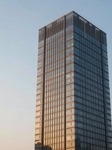 Wide panoramic exterior of a glass-and-steel mixed-use tower at golden hour, architectural facade catching warm daylight, clean sky to the left, building mass anchored to the right third of the frame