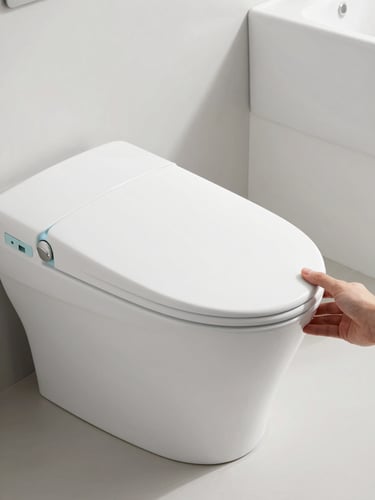 Sleek mobile bidet held in a hand, bright natural daylight, soft water-blue and white tones, minimalist bathroom setting, 50mm