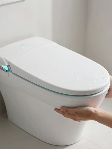 Sleek mobile bidet held in hand, soft water droplets on matte surface, bright natural daylight, minimalist bathroom setting, portrait aspect