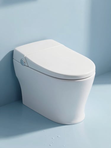 Sleek matte mobile bidet standing on a clean light-blue surface with delicate water droplets, bright natural daylight, soft shadows, 50mm