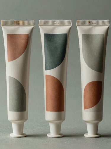 Straight-on eye-level studio portrait of three minimalist scatter tubes showing textured paper seams and muted abstract geometric prints in sage and terracotta.
