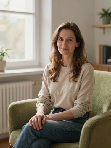 A professional, warm portrait of female psychotherapist Katarzyna Bork in her bright, serene office, sitting in a soft green armchair near a window with gentle morning light, shallow depth of field.