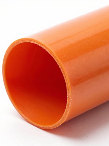 Macro shot of a freshly molded high-visibility orange polyurethane pipeline sealing disc, showing sharp edge tolerances and glossy elastomer surface finish under clean industrial studio lighting.
