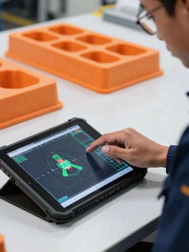 An Indonesian engineer in technical uniform reviewing CAD schematics on a rugged tablet on the clean, well-lit factory floor, with orange polyurethane casting molds visible in the background.