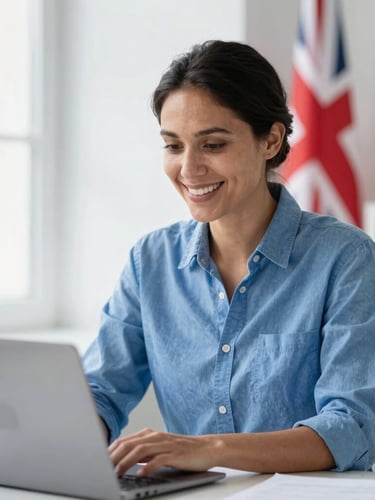 Portrait shot of a native English teacher, mid-30s, with a warm, encouraging expression, actively engaged in an online lesson on a laptop, bright natural daylight, clean blue and white tones, shallow depth of field, 35mm. The teacher is in a modern, uncluttered home office environment, perhaps with a subtle UK or US flag in the background.