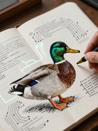 A hand-drawn vintage field-guide sketch of a wild mallard duck, overlaid with precise circuit diagrams, glowing screen lines, and terminal code text, monochrome styling.