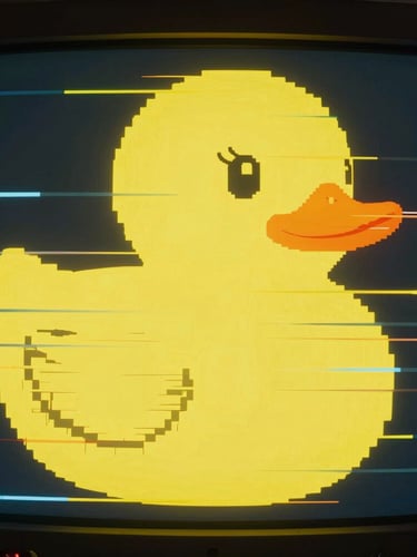 Extreme close-up of a glitched rubber duck silhouette rendered in glowing pixelated hazard-yellow on a terminal screen, high-contrast CRT monitor emission, dark environment.