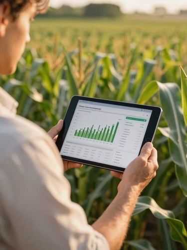 A farm manager in a light-colored shirt standing in a lush green cornfield, holding a tablet displaying analytical crop data, warm natural golden hour lighting, shallow depth of field