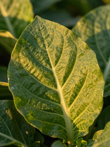 Close-up of a high-resolution green crop leaf with detailed textures, warm golden hour sunlight, shallow depth of field, premium agritech photography