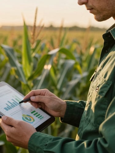 A close-up portrait of a professional agricultural manager in a clean green shirt, holding a tablet displaying analytical charts, standing in a lush cornfield during golden hour.