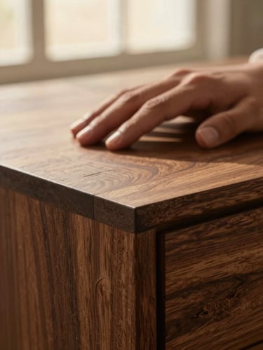 Extreme close-up of solid walnut wood grain under warm golden-hour window light, a hand resting flat on the surface with fingers slightly spread, fingertips touching the grain, the texture of a precisely sanded joint visible in the foreground, dark warm tones, no text