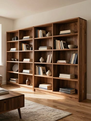 Environmental shot of a completed living room, custom walnut shelving unit along the back wall, warm afternoon light entering from the left, books and objects arranged naturally, no people, wide framing
