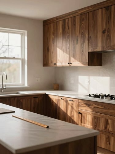Environmental wide shot of a custom kitchen interior in warm natural daylight — walnut cabinetry filling the right wall, a ruler and pencil resting on the countertop in the foreground, joinery detail visible on cabinet edges, no people, north-facing window light casting soft shadows