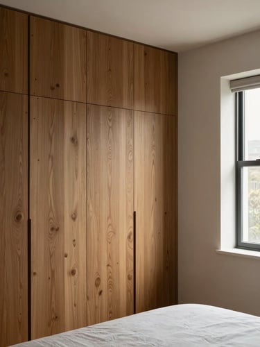 Wide corner of a finished bespoke bedroom, oak-toned wardrobe panel filling the left wall, soft north-facing daylight from a window off-frame right, bed edge visible in lower third, no people, lived-in elegance