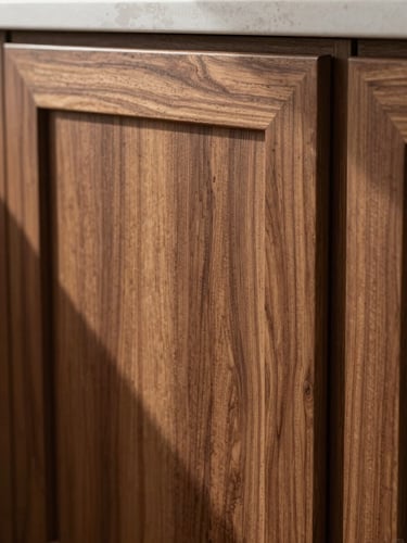 Close-up of precision joinery on a walnut kitchen cabinet door, natural daylight raking across the wood grain, revealing the depth of the finish, no people, extreme detail