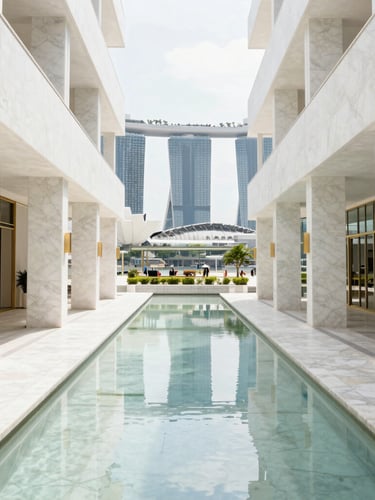Bright editorial photography of Singapore's Marina Bay Sands luxury shopping canal, sunlight reflecting on white marble, minimalist and elegant composition, 35mm