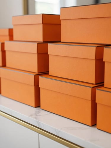 Elegant close-up of pristine orange luxury shopping boxes stacked neatly on a white marble counter under soft daylight, 35mm