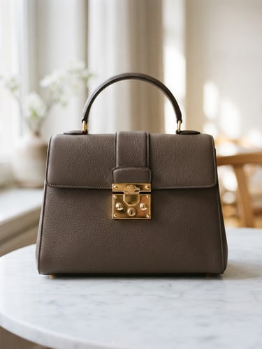 Elegant close-up of a designer gold-clasped handbag resting on a clean marble table, soft natural daylight casting shadows, 35mm editorial photography