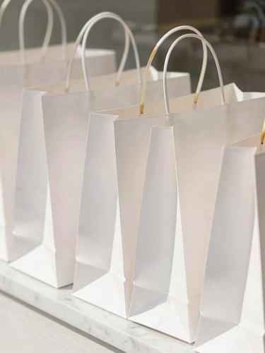 Editorial close-up of pristine luxury shopping bags stacked on a white marble ledge, soft morning sunlight, 35mm photography.