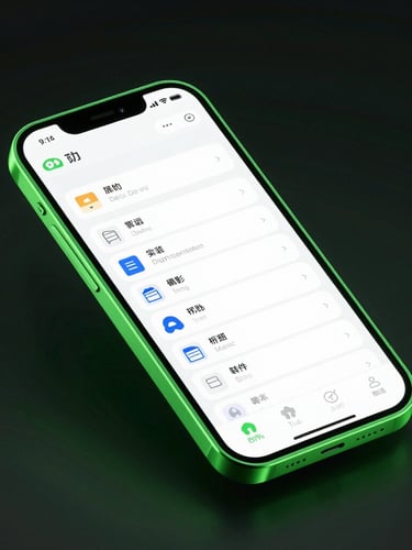 Sleek digital-native 3d render of a glowing neon green mobile device mockup showing a clean file manager interface on a dark moody background, high-fidelity isometric angle