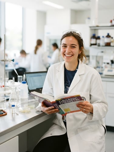 Bright high-key photography of a university student smiling in a clean laboratory setting, wearing a white lab coat, holding a textbook, natural campus light, 35mm