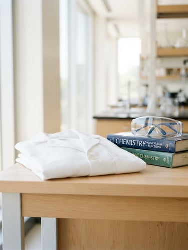 Bright high-key photography of a clean student laboratory desk, a white lab coat neatly folded next to protective goggles and textbooks, natural campus window light, sharp focus, 35mm