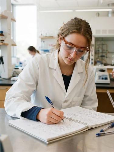Close-up of a student in a bright laboratory, wearing a clean white lab coat and orange-rimmed safety goggles, writing in a notebook, natural campus light, 35mm