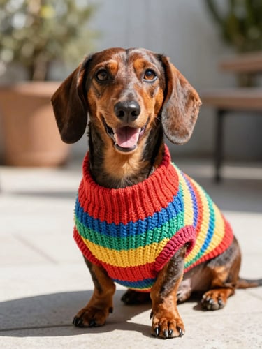 vibrant pet photography, bright natural daylight, colorful and joyful mood, shallow depth of field, 50mm lens. A happy dachshund wearing a perfectly fitting handmade colorful knitted sweater, sitting on a sunny patio, eye-level shot.