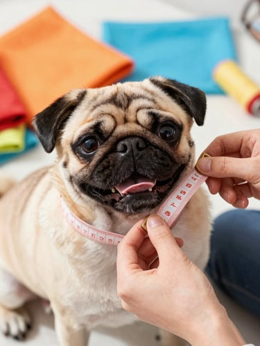 Close-up of hands carefully measuring a cheerful pug dog with a soft measuring tape, vibrant fabrics and sewing tools visible in the background, bright natural light
