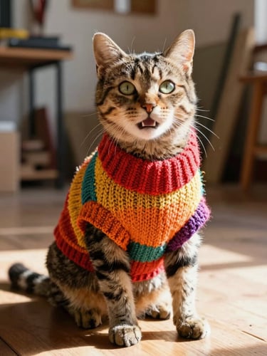 Eye-level portrait of a happy tabby cat wearing a perfectly fitting colorful knitted sweater, sitting on a sunny wooden floor in a Celaya home workshop, warm natural daylight, shallow depth of field
