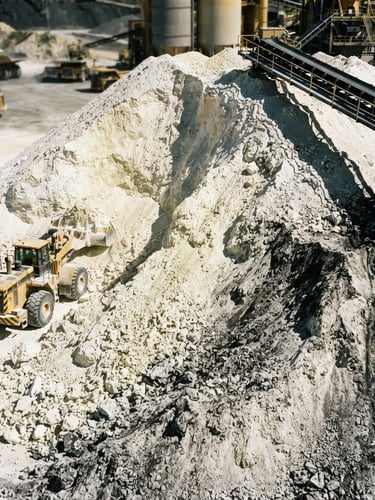Industrial documentary photography of a raw talc stockpile under harsh direct sunlight, sharp focus, high contrast yellow and black tones, 35mm lens