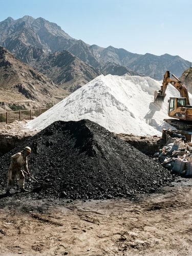 High-contrast industrial documentary photo of raw mineral stockpiles of white talc and dark chromite, harsh direct sunlight, rugged Pakistani mountain terrain in the background, sharp focus, 35mm lens.