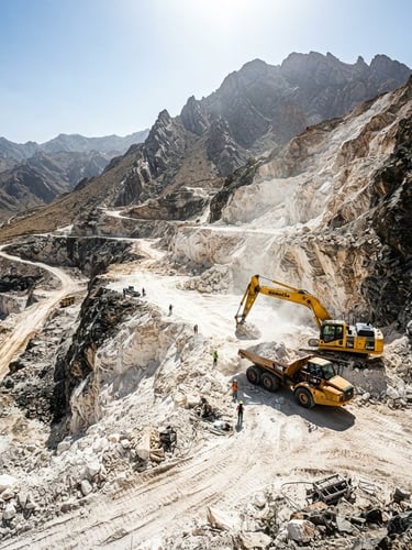 Wide environmental shot of a rugged mountain quarry in Pakistan under harsh direct sunlight, showing heavy mining machinery and raw mineral deposits of talc, 35mm lens, high contrast.