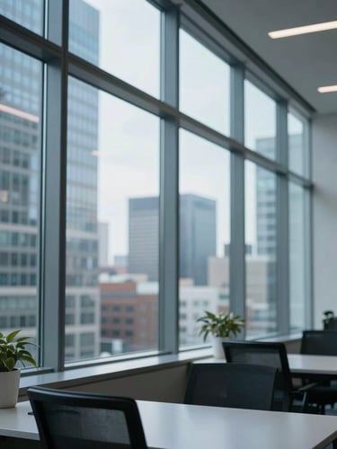 Modern editorial photography of a bright Canadian corporate office in Montreal, sharp focus, slate blue tones, natural window light.