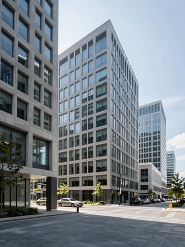 An architectural view of a clean modern Canadian business district, bright daylight, professional corporate environment, sharp focus, cool slate tones