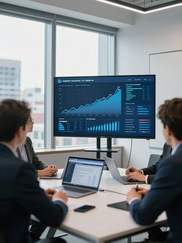 A professional collaborative meeting in a bright, modern Montreal office, natural window light reflecting on a digital dashboard with positive growth metrics, cool blue and slate tones, 35mm photography