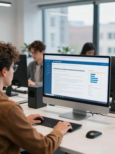 Espace de travail collaboratif lumineux à Montréal, équipe de professionnels analysant un tableau de bord de commerce international, lumière naturelle, tons bleu et ardoise