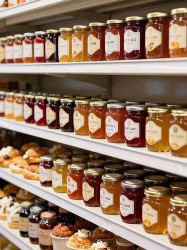 Bright editorial medium shot of neatly arranged shelves at West Hills Market, colorful local jams, organic honey jars, and fresh pastries, warm natural daylight, shallow depth of field.