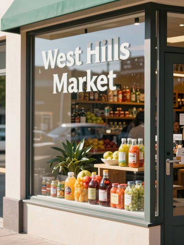 Bright sunlit storefront view of West Hills Market, warm natural daylight, colorful local products visible through the clean glass window, shallow depth of field