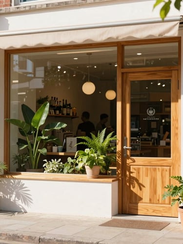 Bright sunlit view of a clean modern neighborhood market storefront with green plants and a welcoming wooden door, warm daylight