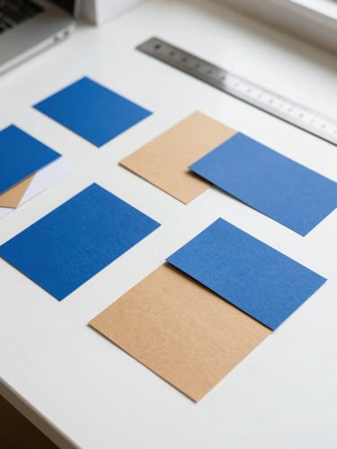Portrait-oriented flat lay of tactile design artifacts, paper swatches, and a metal ruler on a clean white desk, bright natural daylight, crisp blue accents