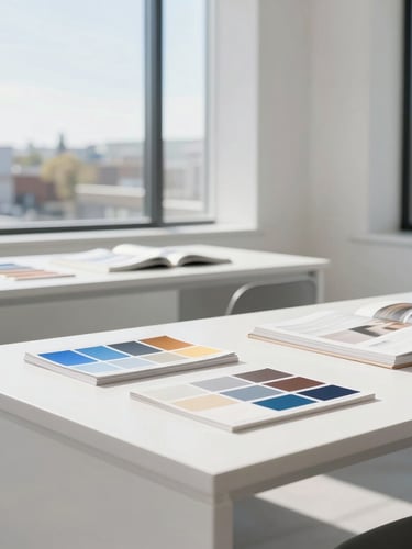 Wide environmental shot of a minimalist design studio in Provo, bright natural daylight streaming through large windows, clean white desks with neatly arranged color swatches and design monographs