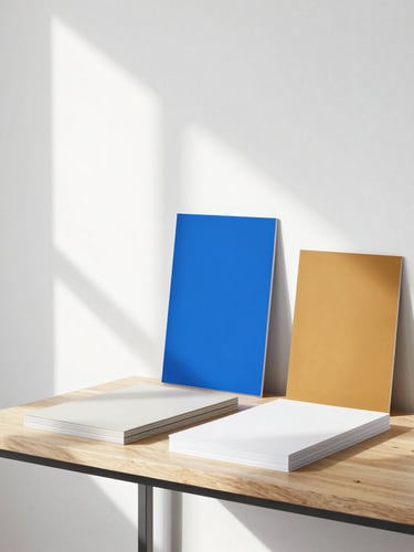 Architectural detail of a minimalist design studio in Provo, clean white walls, natural wood desk with neatly stacked paper samples, bright morning sun casting soft shadows, 50mm lens