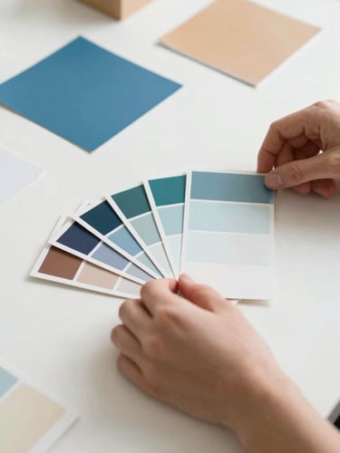 Close-up of hands arranging physical color swatches and tactile paper mockups on a clean white desk in a sunlit Provo studio, soft natural shadows.